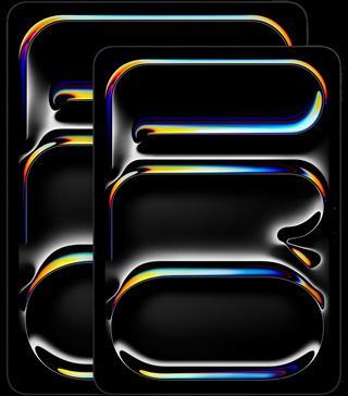iPad Pro de 13 pulgadas, iPad Pro de 11 pulgadas, en posición vertical, parte frontal, negro espacial, esquinas redondeadas, marco de la pantalla negro, las pantallas muestran la palabra PRO abstracta en curvas multicolores en posición vertical