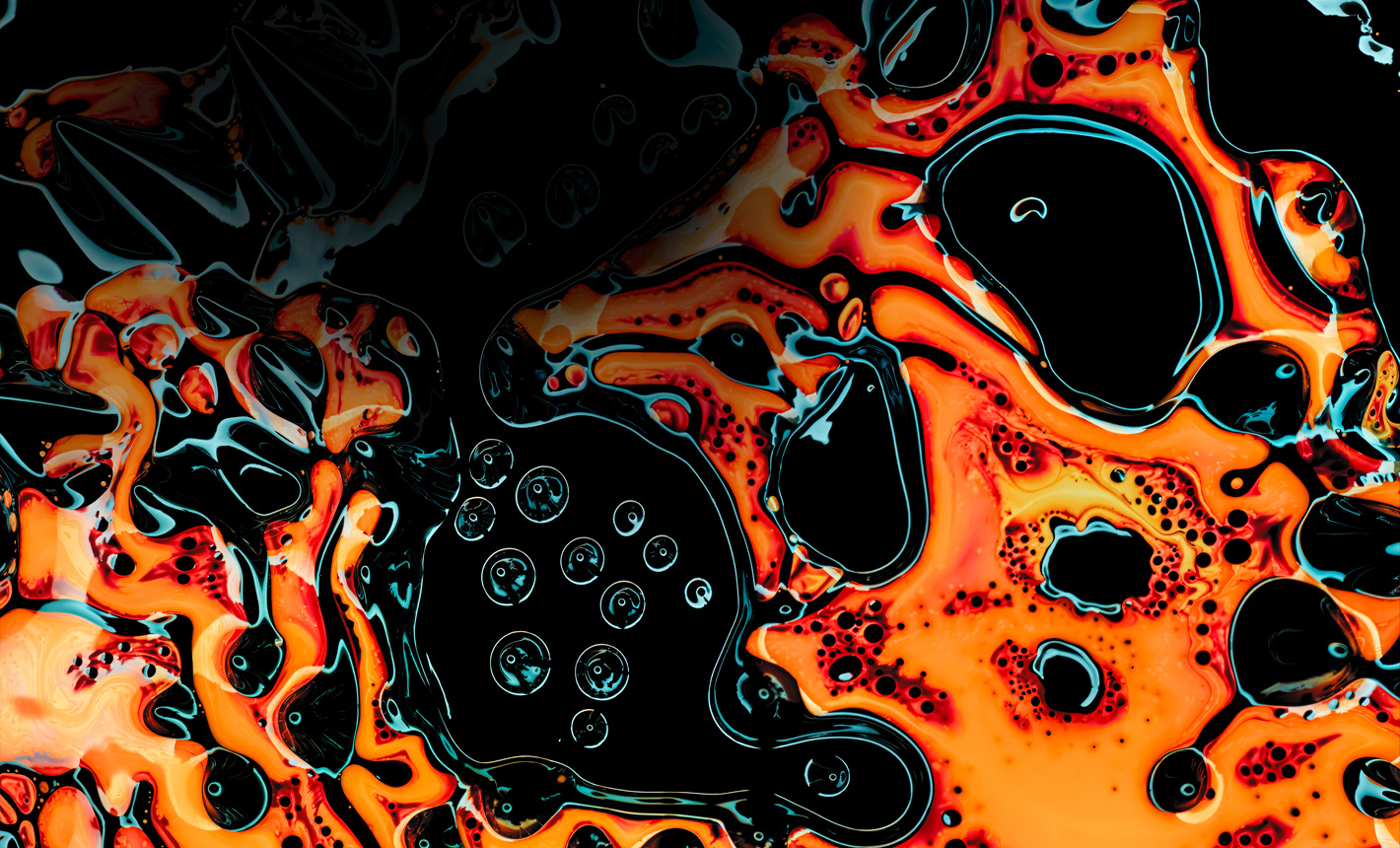 iPad Pro, parte frontal, en posición horizontal, la pantalla muestra una imagen vibrante de burbujas y formas abstractas de color negro y naranja, ilustrando la avanzada tecnología de la pantalla Ultra Retina XDR