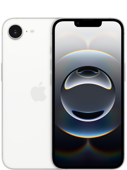 Vista frontal de un iPhone 16e en blanco y vista trasera parcial de un iPhone 16e que muestra la cámara.