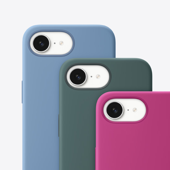 Vista trasera de las fundas de silicona para el iPhone 16e en azul invierno, verde lago y fucsia.
