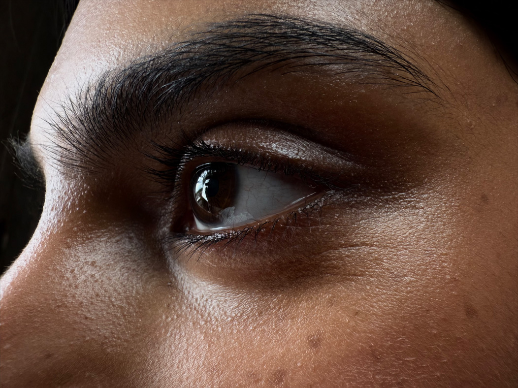 سيدة ترتدي فستاناً أحمر طويلاً وتقف في غرفة فارغة حيث يتم تصويرها. تطبيق الصور يُبدل ما بين خيارات البُعد البؤري من 200 مم إلى 13 مم، ويعرض إمكانات نظام كاميرات Pro