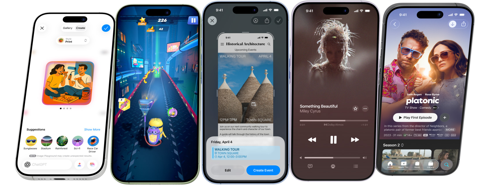 Phone 17 seadmed tiirlevad ümber oma telje ja peatuvad ekraanidel, mis näitavad iPhone'i funktsioone