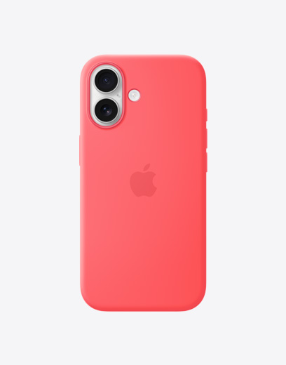 iPhone 17, parte trasera exterior, funda de silicona en amarillo, sistema de cámara dual Fusion en la esquina superior izquierda, logo de Apple en el centro