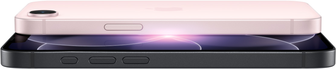 iPhone 17e, partes lateral y trasera en horizontal, color negro, iPhone 17e, partes lateral y trasera, color rosado pálido