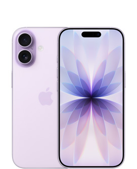 iPhone 17, parte trasera, color lavanda, sistema de cámara dual Fusion en la parte superior izquierda, logo de Apple en el centro, parte delantera, color lavanda, Dynamic Island centrada en el extremo superior