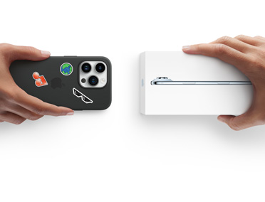 Hands exchanging trade-in iPhone 13 with Silicone Case, stickers on back exterior, for new iPhone Air in the box