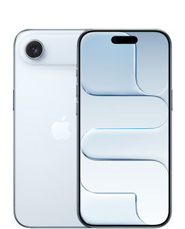 Parte de trás do iPhone Air na cor azul-céu com o sistema de câmera Fusion na parte superior e o logotipo da Apple no centro. Parte da frente do iPhone Air na cor azul-céu com a Dynamic Island centralizada na parte superior