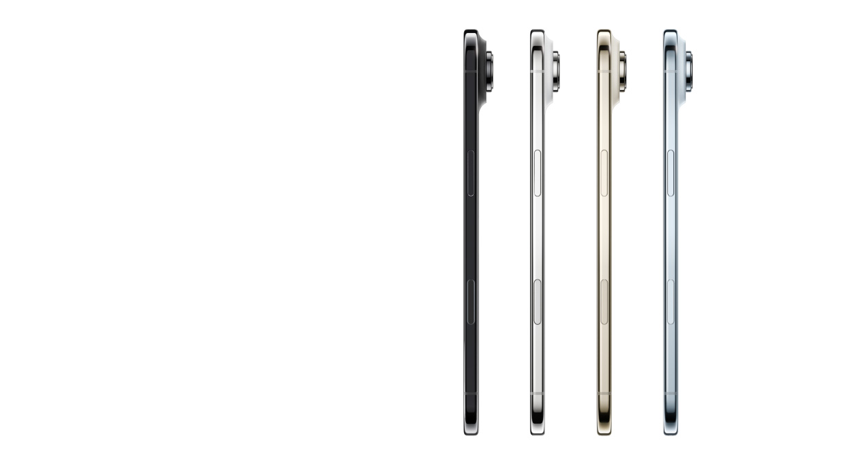 iPhone Air mostrando as laterais em azul-céu, dourado-claro, branco-nuvem e preto-espacial, o design superfino, o sistema de câmera Fusion, o botão lateral e o Controle da Câmera