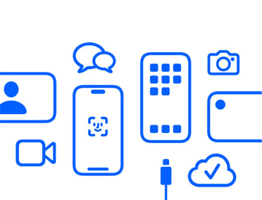 眾多 Apple 裝置與功能特色，包括 iCloud、具備 Face ID 的 iPhone，以及充電連接線、相機、訊息 app。