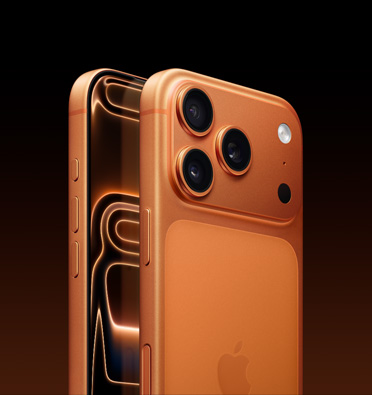 iPhone 17 Pro in cosmic orange finish showing partial-screen display and side angle shows - Action button, volume button and side button. Back exterior shows Pro camera system in top left corner.