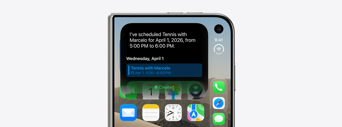 合上的 iPhone Duo，外螢幕上顯示 Siri AI 通知日曆行程更新