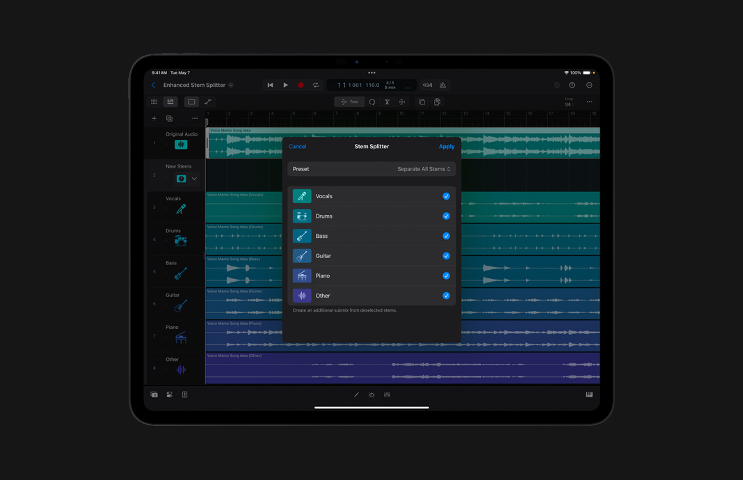Interfaz de la ventana Divisor de Stems con una lista de opciones predefinidas de stems, como voces, batería, bajo, guitarra, piano y otros, con iconos al lado de cada opción.