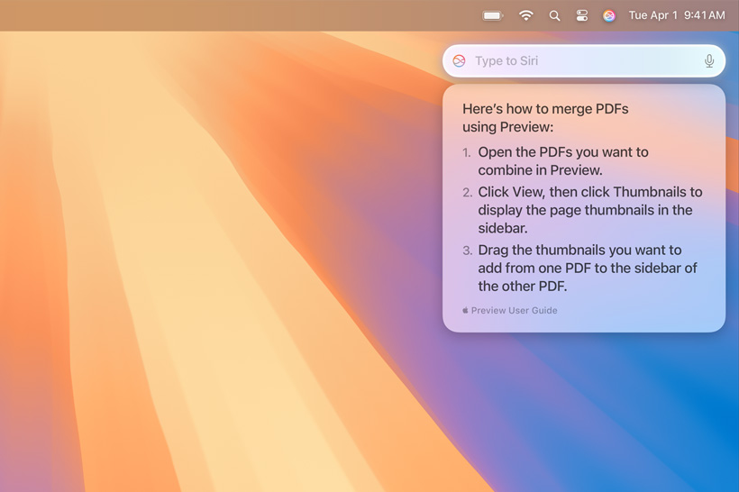 Textový dialog Siri s vyhledanými informacemi o tom, jak sloučit několik PDF.