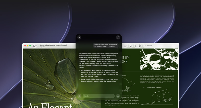 Démonstration de Siri et de l’Intelligence visuelle, requête d’une personne sur un sujet figurant dans un PDF sur un Mac, D’autres exemples de superhydrophobie dans la nature ?, réponse de Siri