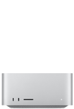 Mac Studio, front, two USB‑C ports, SDXC card slot, status indicator light, tapered base at bottom, flat top, rounded sides, straight edges, silver color
