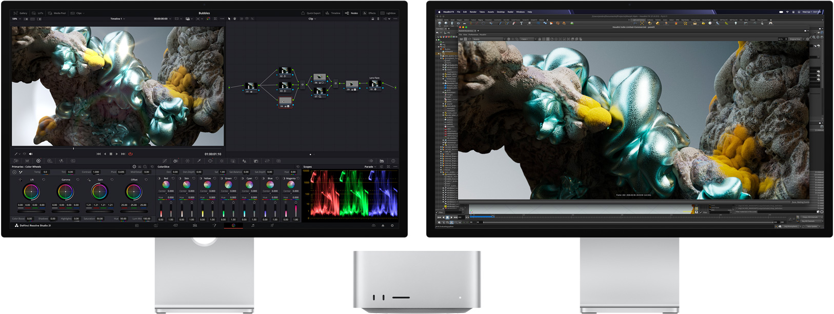 Studio Display, écran affichant DaVinci Resolve Studio avec une image abstraite multicolore agrandie, Mac Studio, vue de face, Studio Display XDR, écran affichant Houdini et Maxon Redshift avec la même image plus agrandie