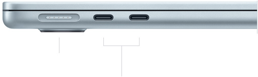 MagSafe-porten og de to Thunderbolt-porte på venstre side af en lukket MacBook Air