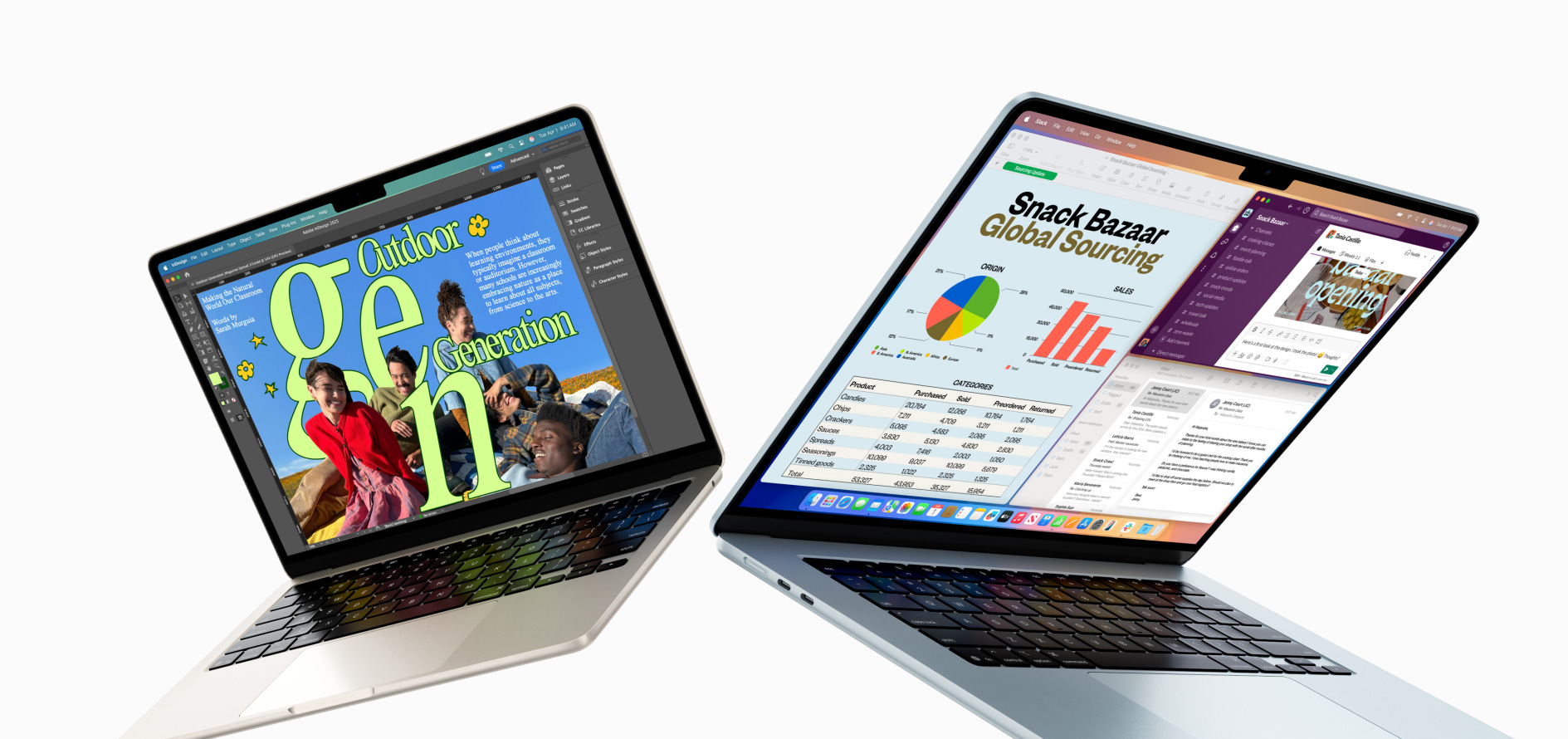 Partially open 13-inch and 15-inch MacBook Air — one screen shows design work in progress, the other shows multitasking across email and spreadsheets