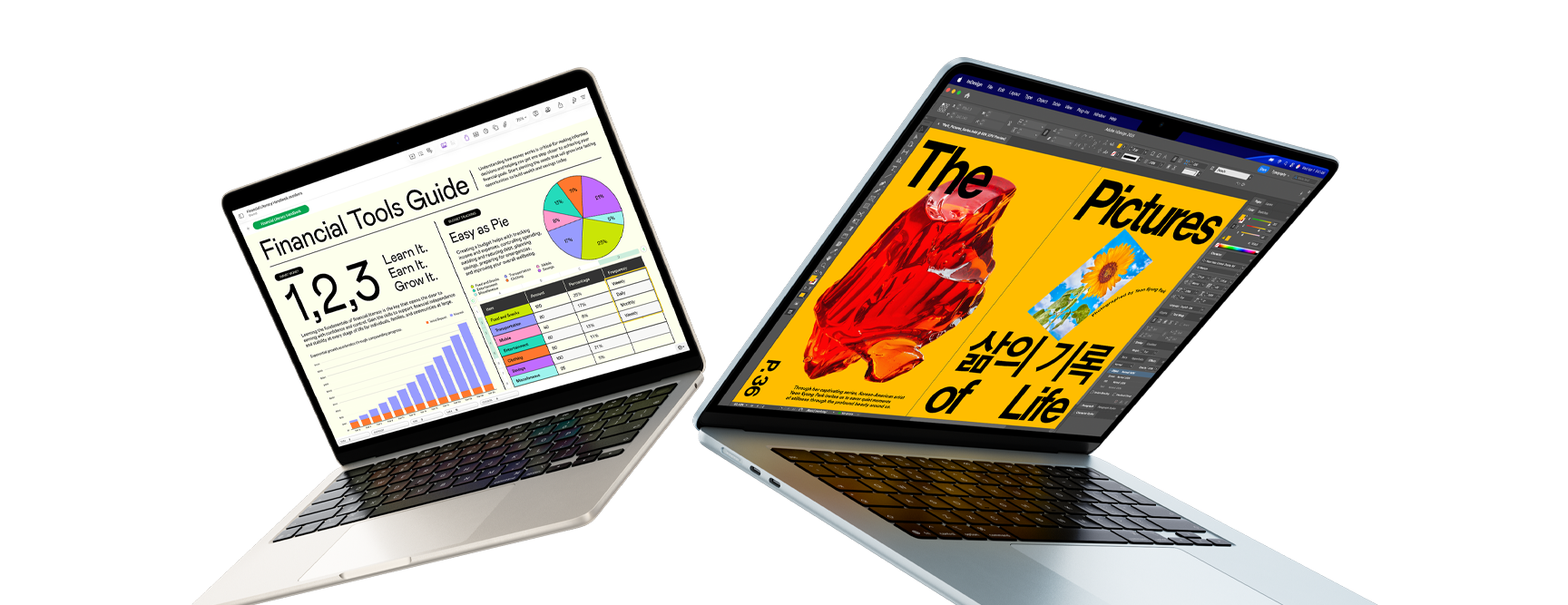 13- and 15-inch MacBook Air laptops — one screen shows Numbers work, the other shows design work