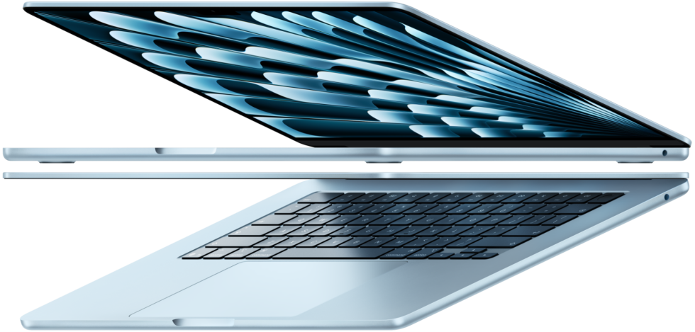 Two open MacBook Air laptops in sky blue color forming arrow shape, emphasizing narrow profile