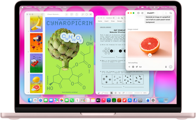 MacBook Neo, blush colour, using ChatGPT to generate image of grapefruit, other windows contain a Keynote document titled molecule posters with images of fruits, vegetables and associated molecular compounds, and a related Microsoft Word document
