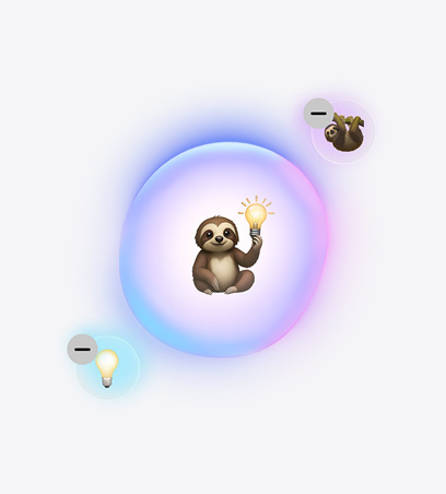 Genmoji feature in use, emoji of a sloth holding a light bulb, surrounded by a smaller sloth emoji and light bulb emoji