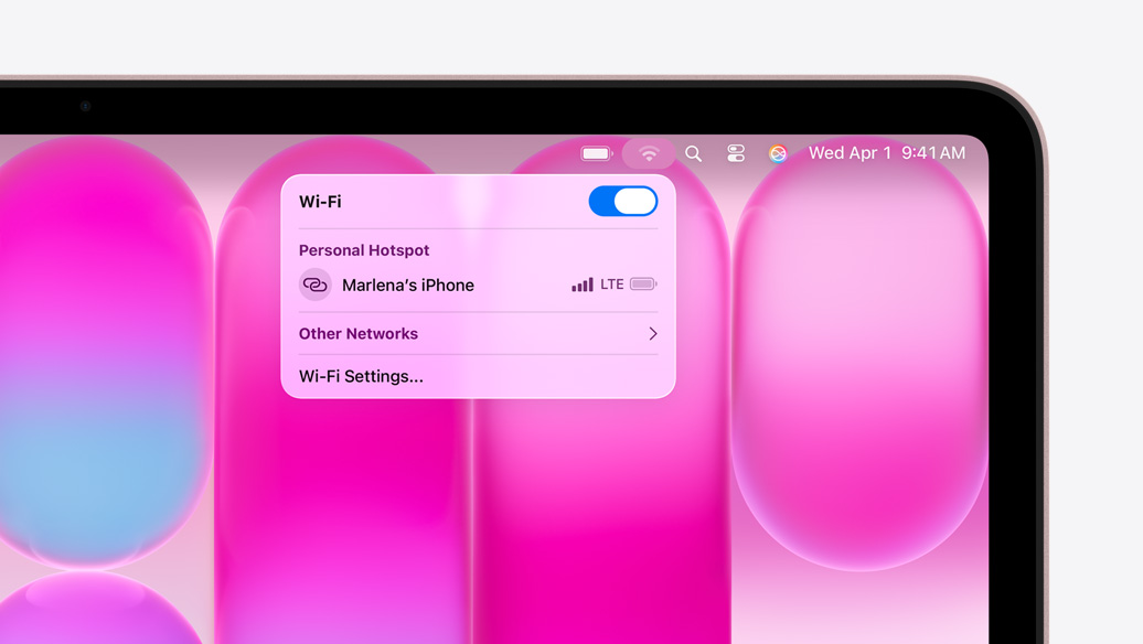 MacBook Neo, blush colour, Wi-Fi menu shows Personal Hotspot section with "Marlena's iPhone" as an option to select