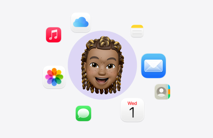 一個笑臉表情符號，周圍有各款 app 的圖像，包括音樂、iCloud 雲碟、備忘錄、郵件、通訊錄、日曆、訊息及相片