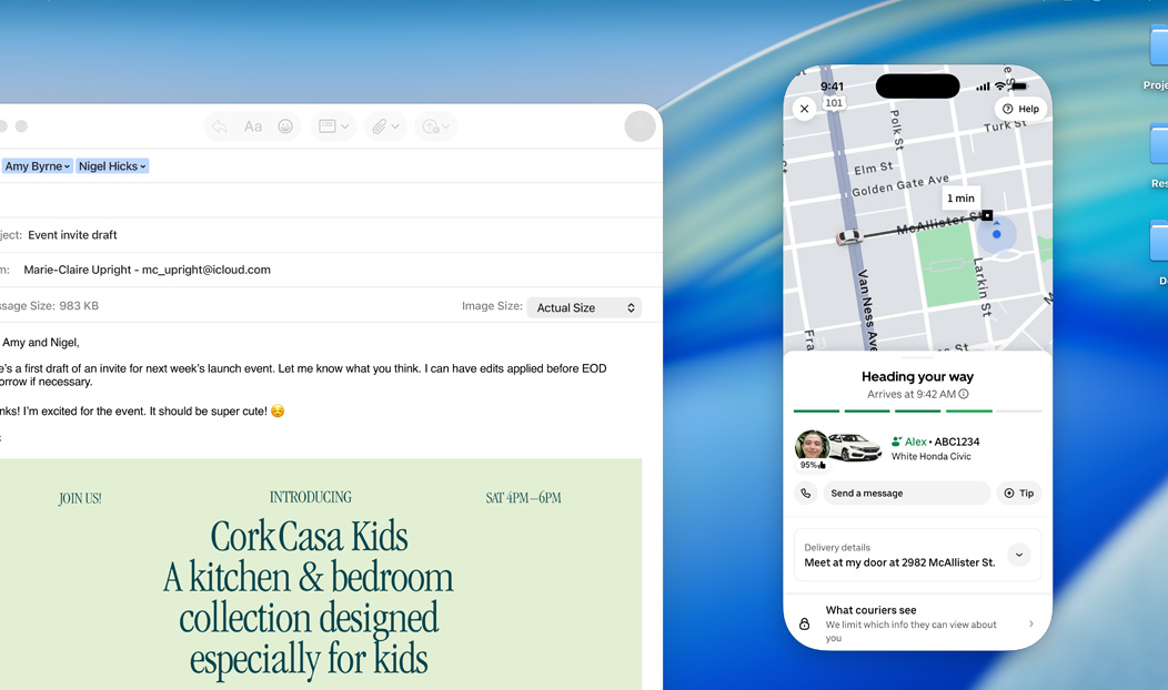 MacBook Pro, geöffnete Mail App, iPhone Display wird auf dem MacBook Pro Display gespiegelt und zeigt die Ankunft einer Uber Eats Bestellung