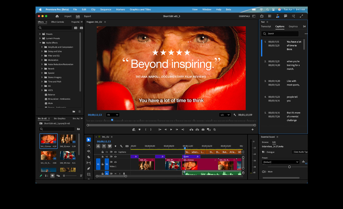 Ein MacBook Pro Display zeigt den Schnitt eines Films mit dem Titel Eternal Play in Adobe Premiere Pro