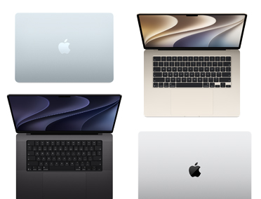 Four Mac computers of various models, sizes, and colors, demonstrating the range of customization