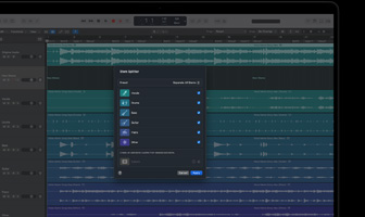 MacBook Pro, Logic Pro, pistas de ondas, panel Stem Splitter, categorías: voces, batería, bajo, otros, cada una con una onda de audio independiente