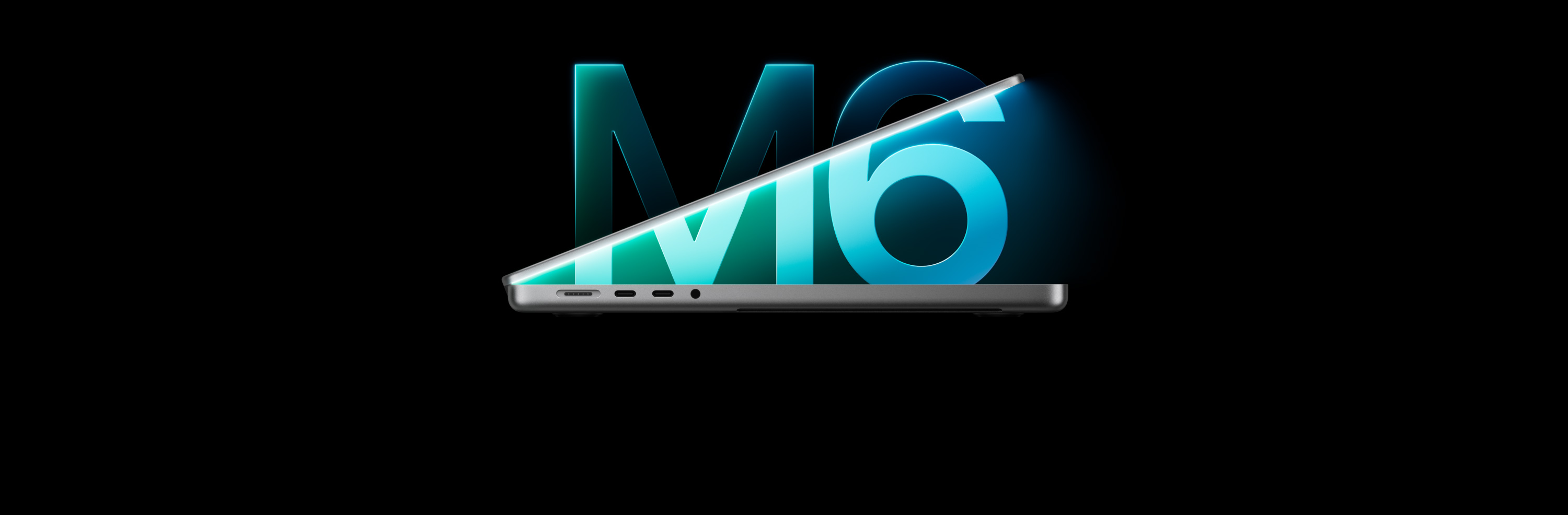Perfil de una MacBook Pro, color plata, posicionada en forma de 6, en alusión al chip M6