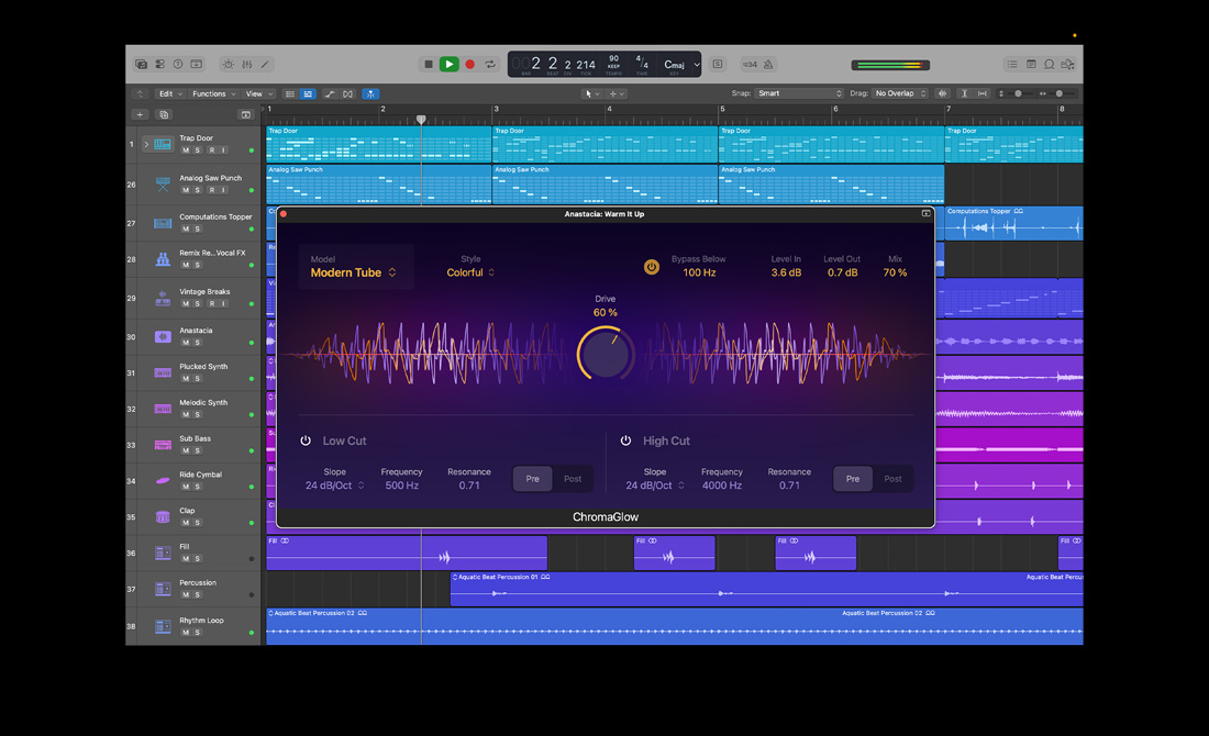 MacBook Pro, Logic Pro, multiple colored audio tracks, ChromaGlow plugin window open, Model: Modern Tube, Style: Colorful, Drive dial set to 60 percent
