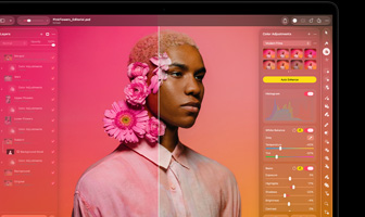 Screen showing Pixelmator Pro, split before and after portrait, pink flowers in subject's hair, left side vibrant pink color tones, right side neutral tones, Layers panel on left, Color Adjustments panel on right
