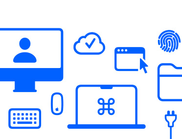 Apple devices and features, charging cable, Mac laptop, keyboard, mouse, display, macOS window, Touch ID