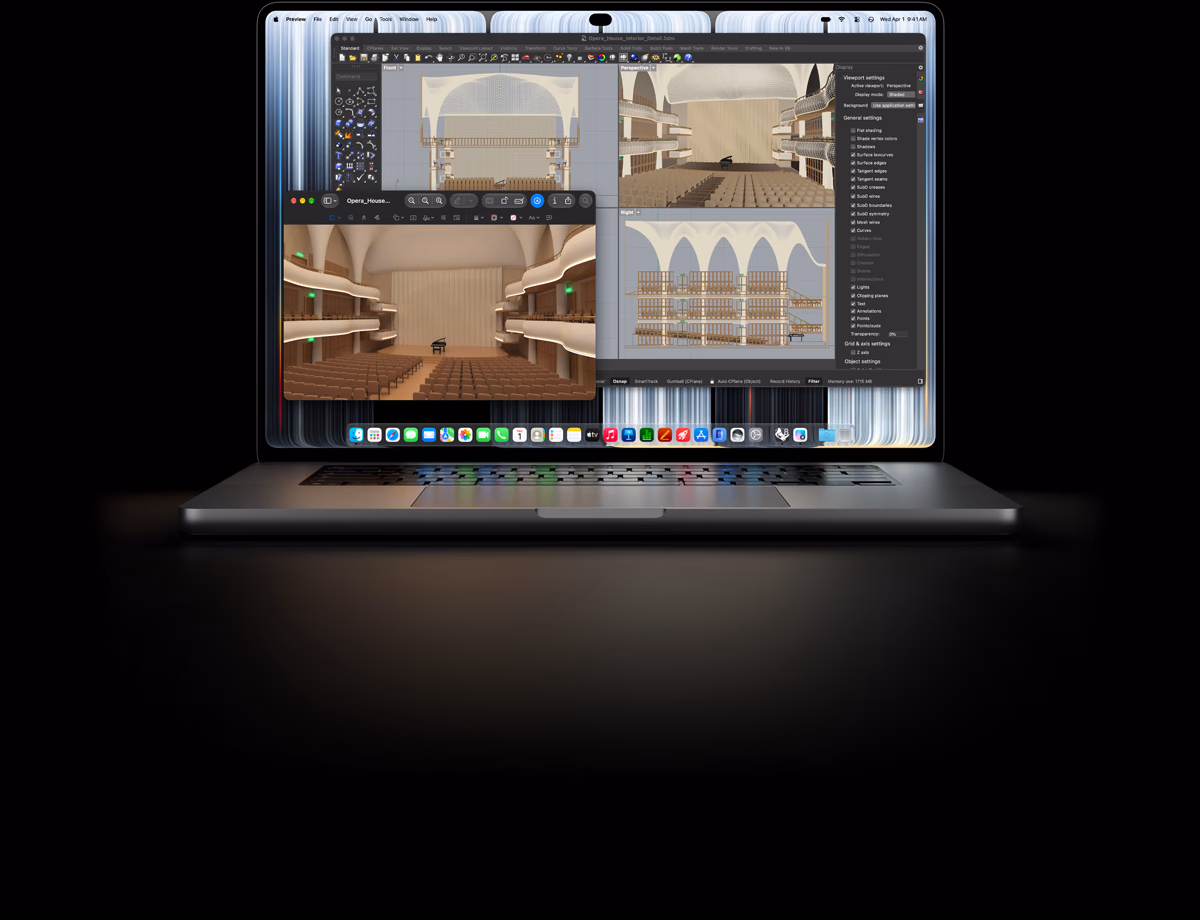 16-inch MacBook Pro with PROLED XDR Display, silver color, screen shows an object being modeled in Rhino