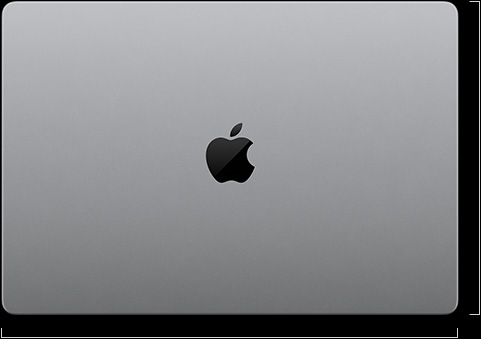 MacBook Pro with PROLED XDR Display, silver color, top, closed, showing measurements: length is 9.62 inches or 24.42 centimeters, width is 14.0 inches or 35.55 centimeters
