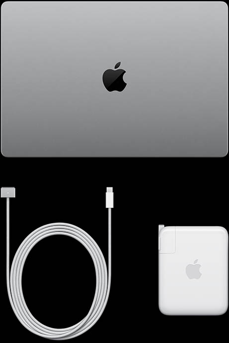 MacBook Pro with PROLED XDR Display, silver color, top, closed, USB-C charging cable and power adapter