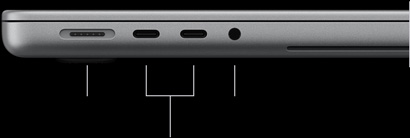MacBook Pro with PROLED XDR Display, silver color, closed, left side, showing the following ports: MagSafe 3, two Thunderbolt 5, and 3.5 mm headphone jack