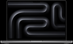 MacBook Pro, color plata, abierta, la pantalla muestra un diseño geométrico ondulado