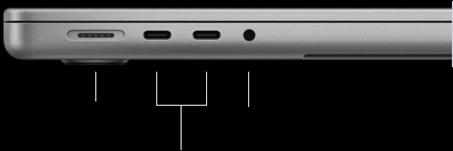 MacBook Pro con chip M6, color plata, cerrada, lado izquierdo, se muestran los siguientes puertos: MagSafe 3, dos Thunderbolt 4 y entrada de 3.5&nbsp;mm para audífonos