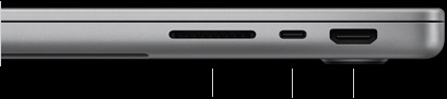 MacBook Pro con chip M6, color plata, cerrada, lado derecho, se muestran tres puertos: SDXC, Thunderbolt 4 y HDMI