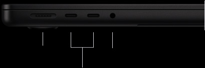MacBook Pro con chip M5 Pro o M5 Max, color negro espacial, cerrada, lado izquierdo, se muestran los siguientes puertos: MagSafe 3, dos Thunderbolt 5 y entrada de 3.5 mm para audífonos