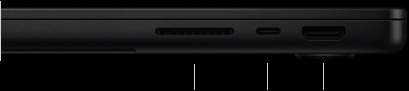 MacBook Pro con chip M5&nbsp;Pro o M5&nbsp;Max, color negro espacial, cerrada, lado derecho, se muestran tres puertos: SDXC, Thunderbolt&nbsp;5 y HDMI