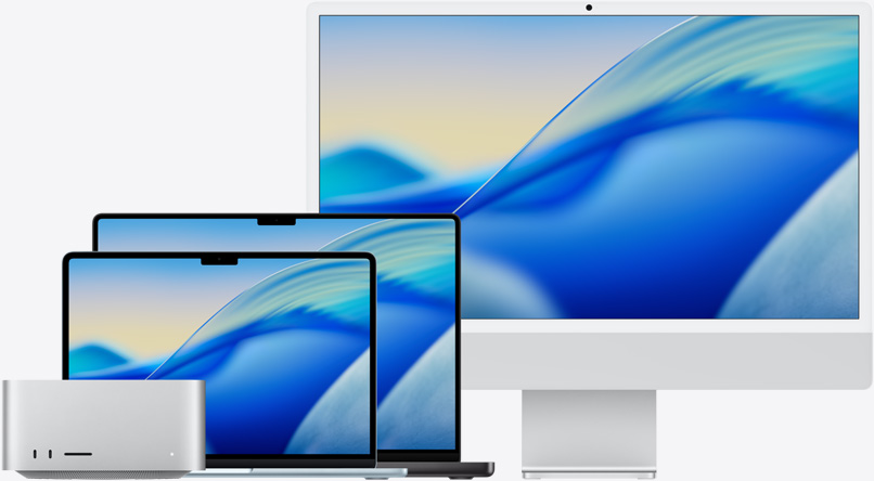 Mac modelleri ailesinden soldan sağa macOS Tahoe duvar kağıdı: Mac Studio, Gök Mavisi 13 inç MacBook Air, Uzay Siyahı 14 inç MacBook Pro ve Gümüş Rengi 24 inç iMac