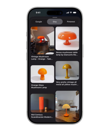 iPhone showing a grid of images featuring different mushroom lamps from Etsy, alongside are Google and Pinterest tabs