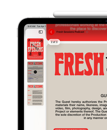 iPad, colocado na horizontal, com Apple Pencil encaixado de forma magnética na parte superior do iPad; a parte superior esquerda do ecrã a mostrar o PDF na app Pré-visualização