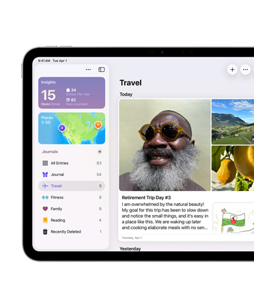 橫向放置的 iPad，螢幕左側顯示日記 app