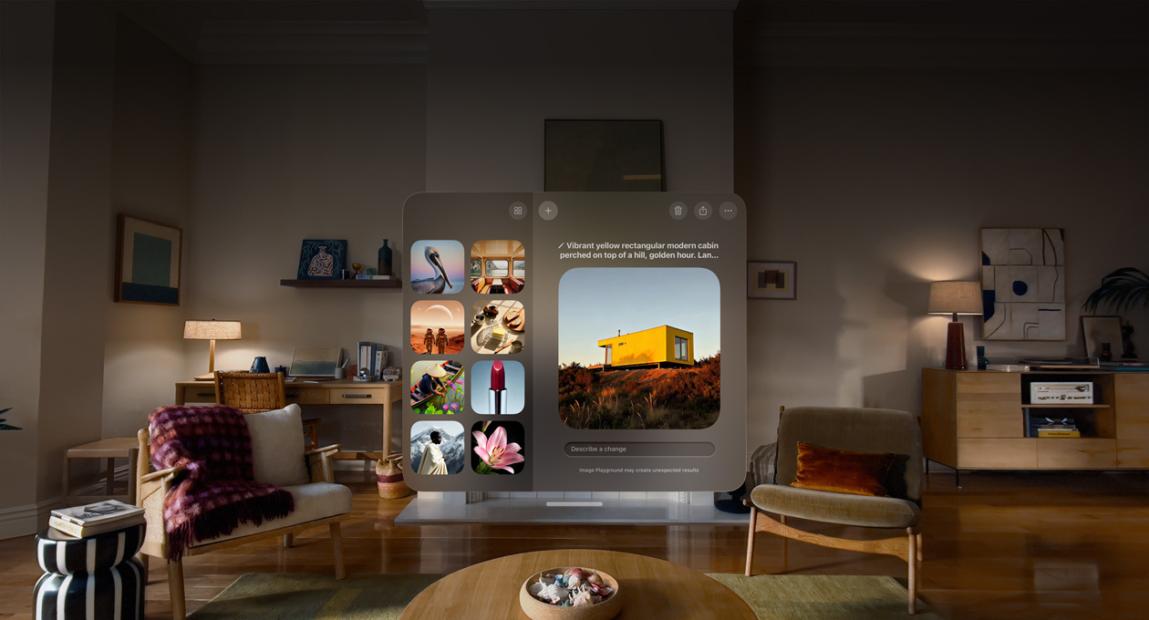 Apple Vision Pro view of Image Playground being used, image of yellow cabin on top of hill being modified, prompt below image reads: Describe a change